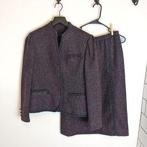 Vintage Devon Hall Wool Braided Trim Detailing Blue Red Suit Set Skirt Blazer